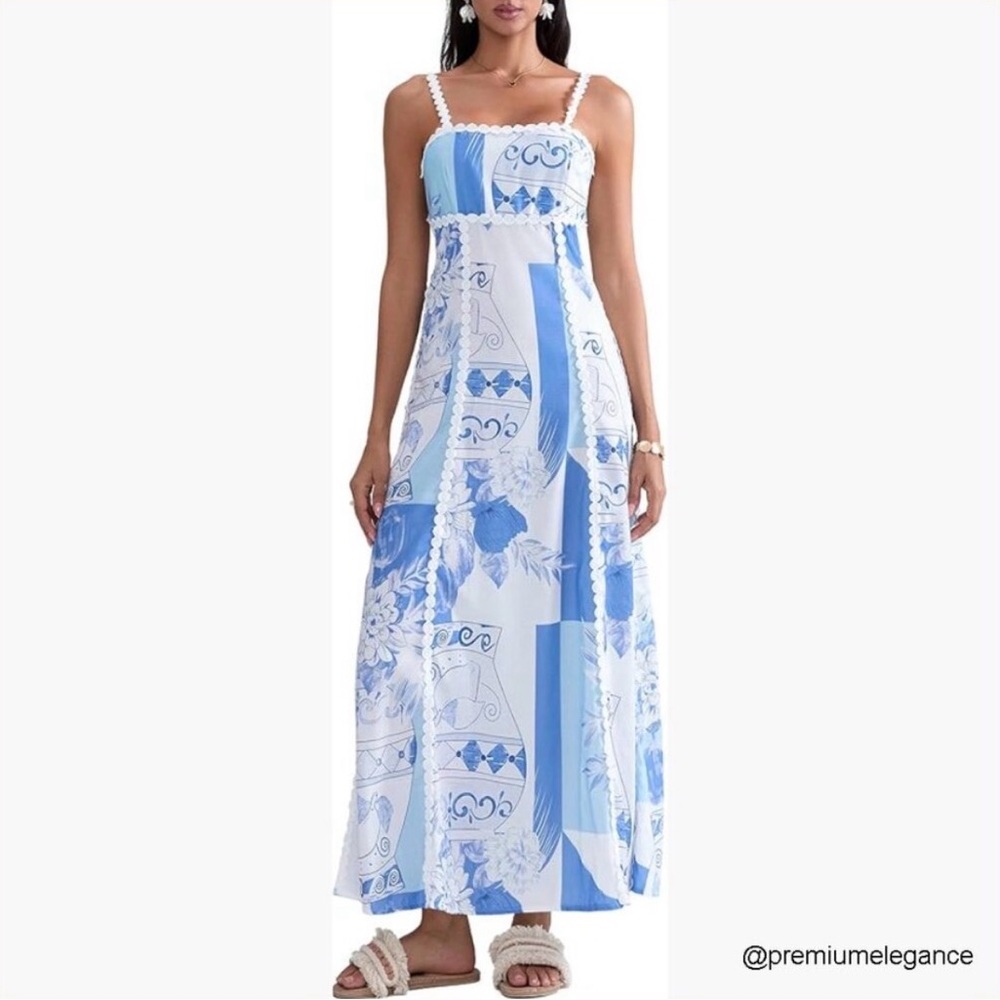 Women's Blue & White Printed Maxi Sundress